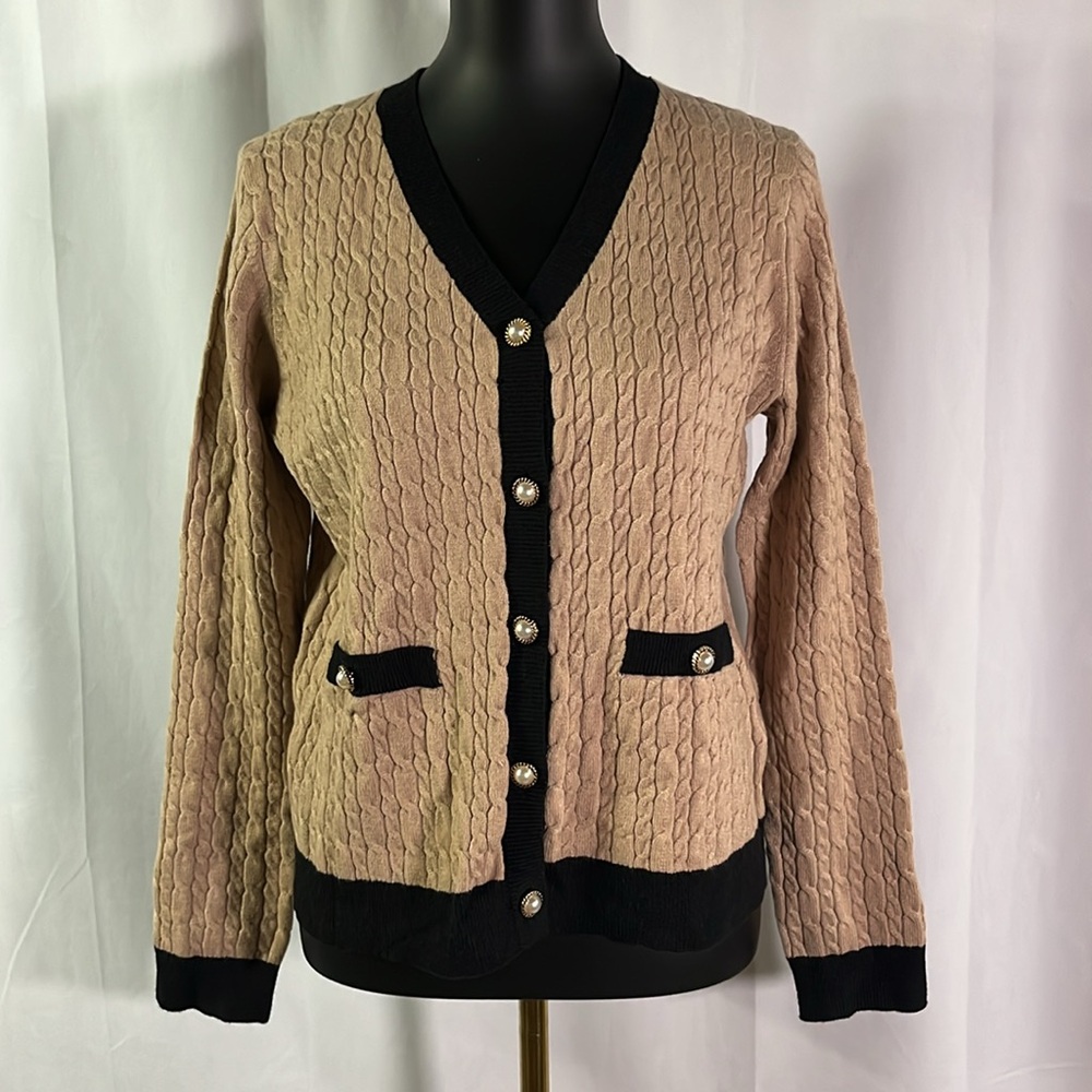 Adrianna Papell Camel & Black Contrast Cable Knit Pearl Button Front Cardigan